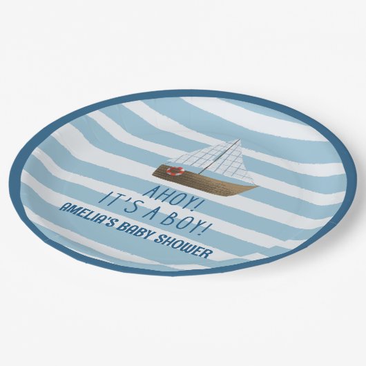 Sailboat Ahoy seine junge blaue Babydusche Pappteller (Schrägansicht)