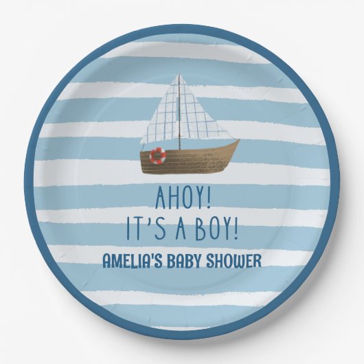 Sailboat Ahoy seine junge blaue Babydusche Pappteller (Vorderseite)
