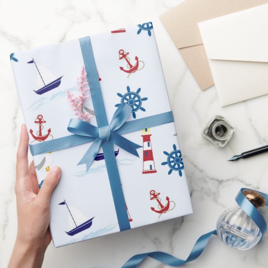 Sailboat Anchor Lighthouse Nautical Wrapping Paper Geschenkpapier (Schenken)