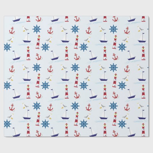 Sailboat Anchor Lighthouse Nautical Wrapping Paper Geschenkpapier (Flach)