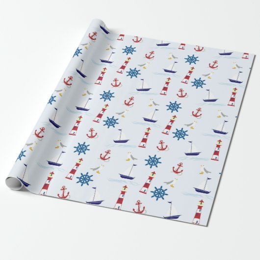 Sailboat Anchor Lighthouse Nautical Wrapping Paper Geschenkpapier (Ungerollt)
