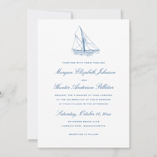 Sailboat and Waves Elegant Navy Blue Wedding Einladung (Vorderseite)