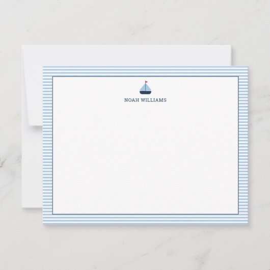 Sailboat Blue Stripes Personalized Stationery Mitteilungskarte (Vorderseite)