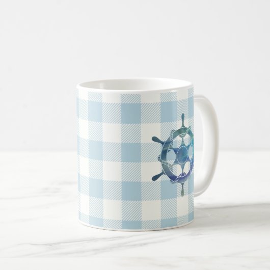 Sailboat Blue Tiller Gingham Karo Pattern Kaffeetasse (VorderseiteRechts)