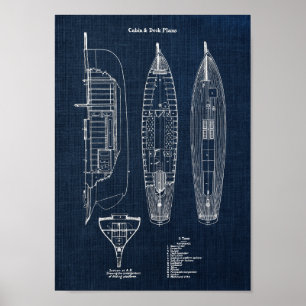 Sailboat Blueprint Nr. 2 Schöne Wanddekoration Poster