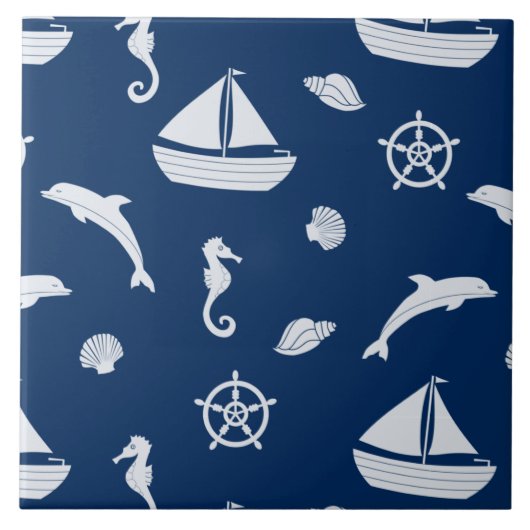 Sailboat & Marine Life Pattern Fliese (Vorderseite)