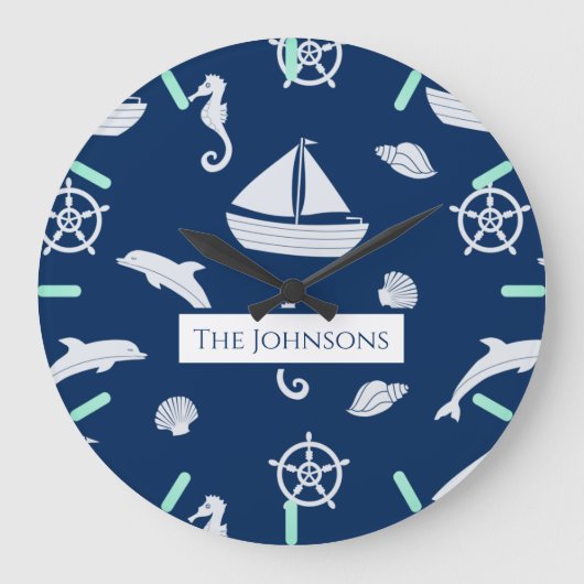 Sailboat & Marine Life Pattern Große Wanduhr (Vorderseite)