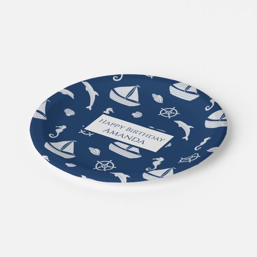 Sailboat & Marine Life Pattern Pappteller (Schrägansicht)