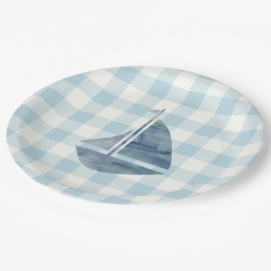 Sailboat Nautical Blue Gingham Karo Pattern Pappteller (Schrägansicht)