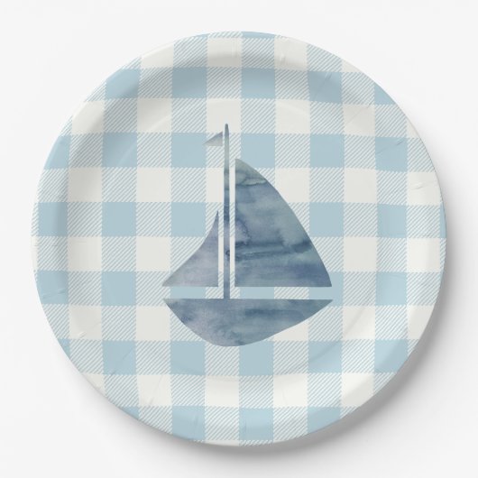 Sailboat Nautical Blue Gingham Karo Pattern Pappteller (Vorderseite)