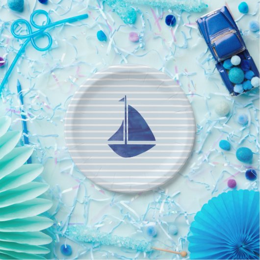 Sailboat Nautical Ocean Blue Stripe Papierplatte Pappteller (Party)