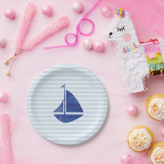 Sailboat Nautical Ocean Blue Stripe Papierplatte Pappteller (Party)