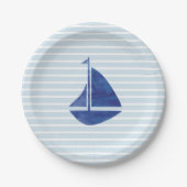 Sailboat Nautical Ocean Blue Stripe Papierplatte Pappteller (Vorderseite)