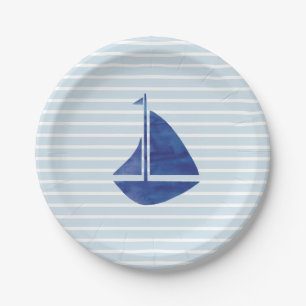 Sailboat Nautical Ocean Blue Stripe Papierplatte Pappteller