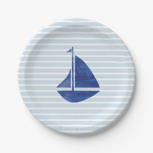 Sailboat Nautical Ocean Blue Stripe Papierplatte Pappteller (Vorderseite)