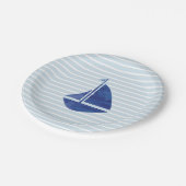 Sailboat Nautical Ocean Blue Stripe Papierplatte Pappteller (Schrägansicht)