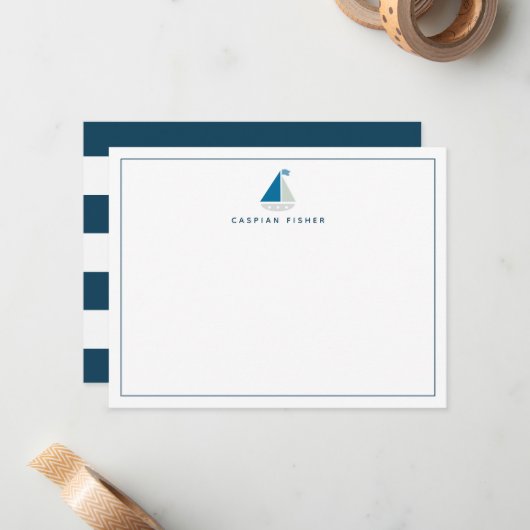 Sailboat Navy Blue Stationery Note Card Mitteilungskarte (Vorderseite/Rückseite Beispiel)