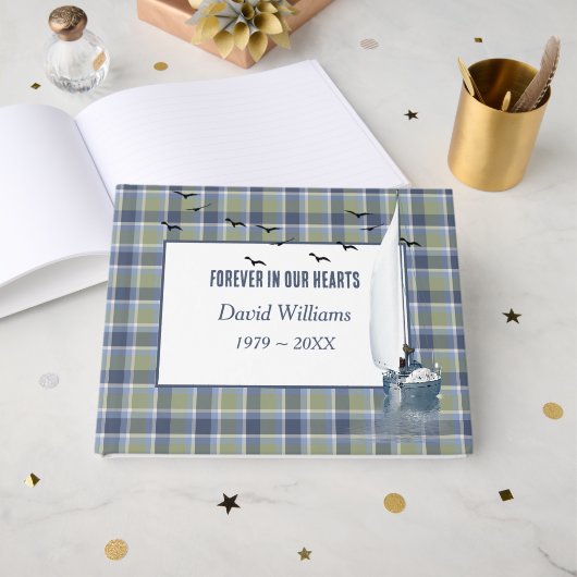 Sailboat On Plaid For Memorial Service Gästebuch (Vorderseite Offen)