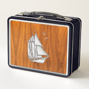 Sailboat Segeln auf Teak Veneer Metall Brotdose