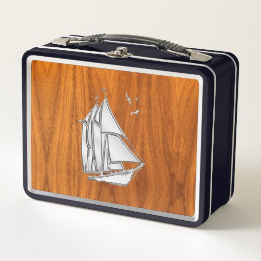 Sailboat Segeln auf Teak Veneer Metall Brotdose (Vorderseite)