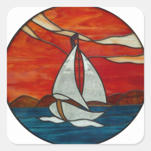 Sailboat - Sonnenuntergang Gestaltete Glaskunst Quadratischer Aufkleber (Vorderseite)