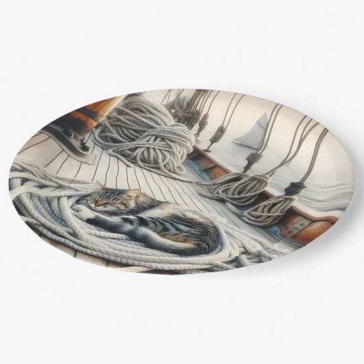 Sailboat Tabby Katze Schlafen auf Ropp Pappteller (Schrägansicht)