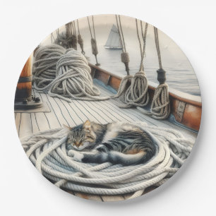 Sailboat Tabby Katze Schlafen auf Ropp Pappteller