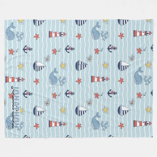 Sailboat, Wave and Whale Pattern ID1228 Fleecedecke (Vorderseite (Horizontal))