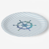 Sailboat Wheel Nautical Ocean Blue Stripe Pappteller (Schrägansicht)