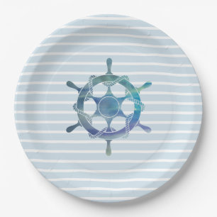 Sailboat Wheel Nautical Ocean Blue Stripe Pappteller