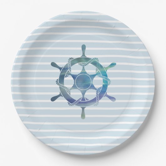 Sailboat Wheel Nautical Ocean Blue Stripe Pappteller (Vorderseite)