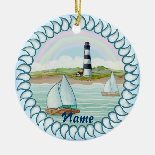 Sailboats Leuchtturm individuelle Name Keramik Ornament (Vorne)