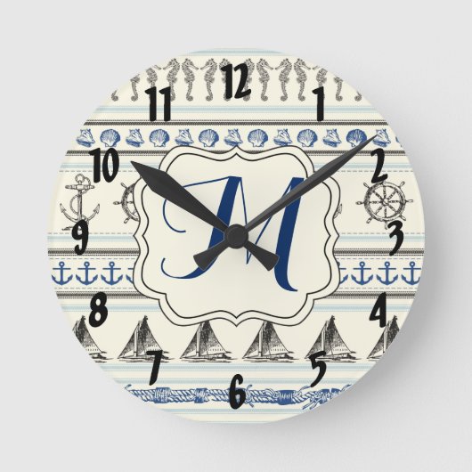 Sailing Anchor Nautica Monogram Initial Wall Clock Runde Wanduhr (Vorderseite)