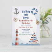 Sailing into Five, Watercolor 5th Birthday Einladung (Stehend Vorderseite)