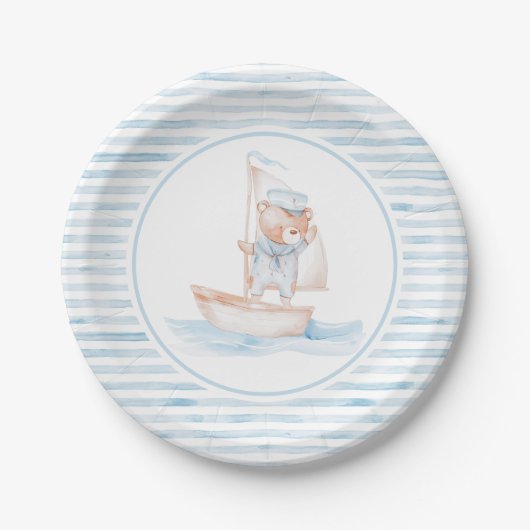 Sailor Bär Blau Streifen Geburtstag Pappteller (Vorderseite)