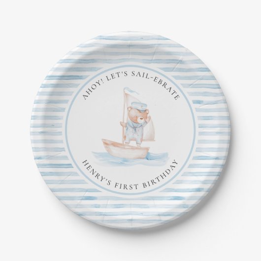 Sailor Bär Blau Streifen Geburtstag Pappteller (Vorderseite)