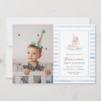 Sailor Bear Blue Strip Foto Erster Geburtstag Einladung