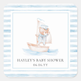 Sailor Bear Blue Stripe Baby Dusche Quadratischer Aufkleber