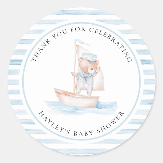 Sailor Bear Blue Stripe Baby Dusche Runder Aufkleber (Vorderseite)