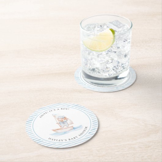 Sailor Bear Blue Stripe Baby Dusche Runder Pappuntersetzer (Vor Ort)