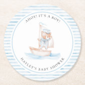 Sailor Bear Blue Stripe Baby Dusche Runder Pappuntersetzer (Vorderseite)