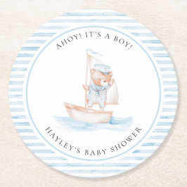 Sailor Bear Blue Stripe Baby Dusche Runder Pappuntersetzer