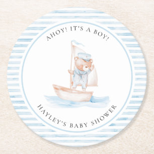 Sailor Bear Blue Stripe Baby Dusche Runder Pappuntersetzer