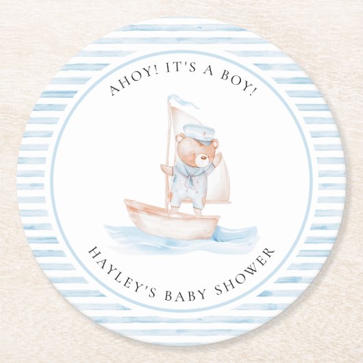 Sailor Bear Blue Stripe Baby Dusche Runder Pappuntersetzer (Vorderseite)
