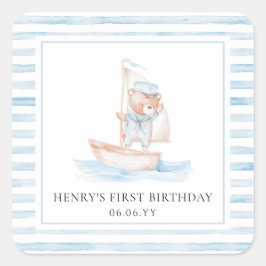 Sailor Bear Blue Stripe Geburtstag Quadratischer Aufkleber