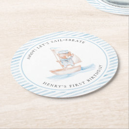 Sailor Bear Blue Stripe Geburtstag Runder Pappuntersetzer