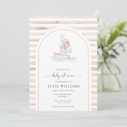 Sailor Bear Tan Stripe Babydusche Einladung (Stehend Vorderseite)