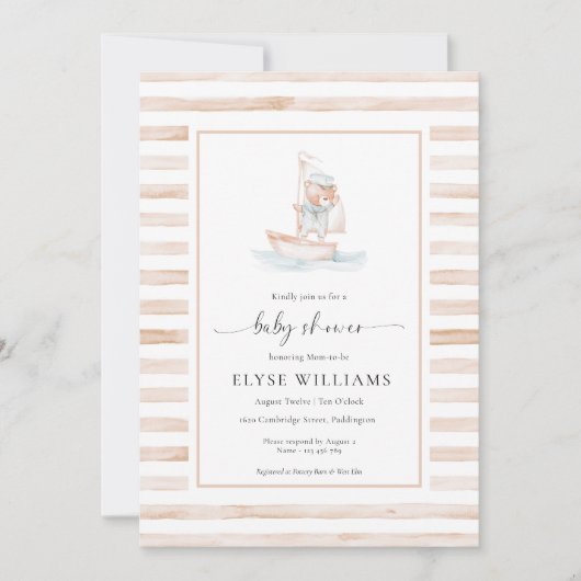 Sailor Bear Tan Stripe Babydusche Einladung (Vorderseite)