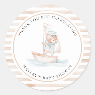 Sailor Bear Tan Stripe Babydusche Runder Aufkleber