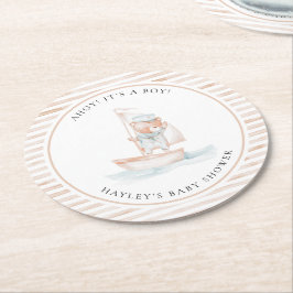 Sailor Bear Tan Stripe Babydusche Runder Pappuntersetzer